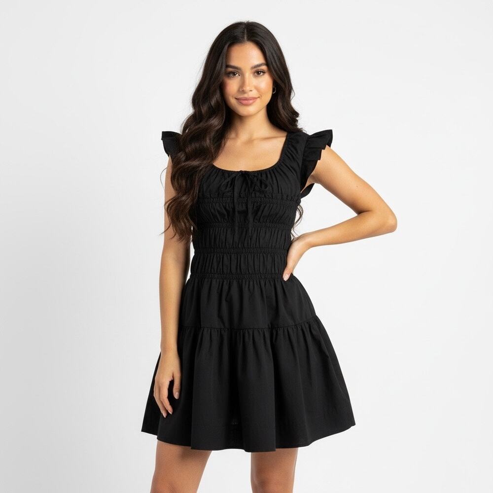 Free Assembly Black Milkmaid Mini Dress XL Coquette Ruffle Smocked Cotton Summer